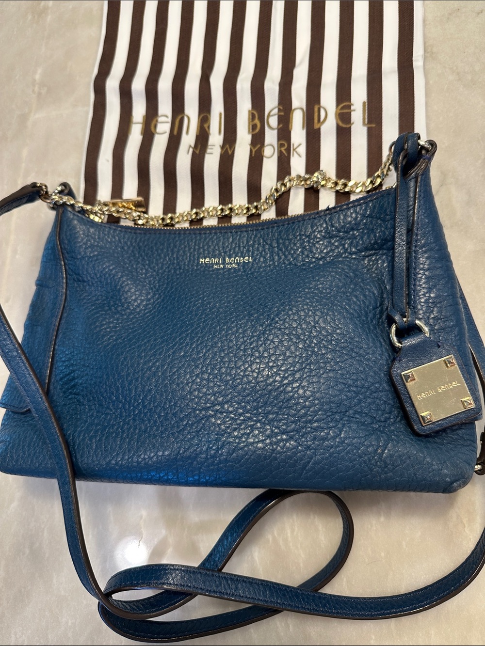 henri bendel Teal-Blue Pebbled Leather Chain Strap Crossbody
